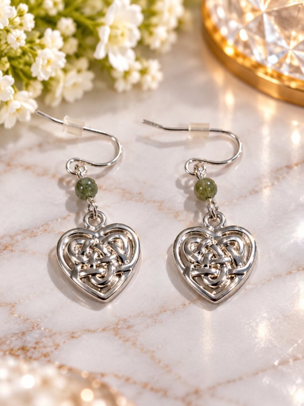 Silver Tone Celtic Knot Heart Dangle Earrings with Green Beads - Fashion Jewelry